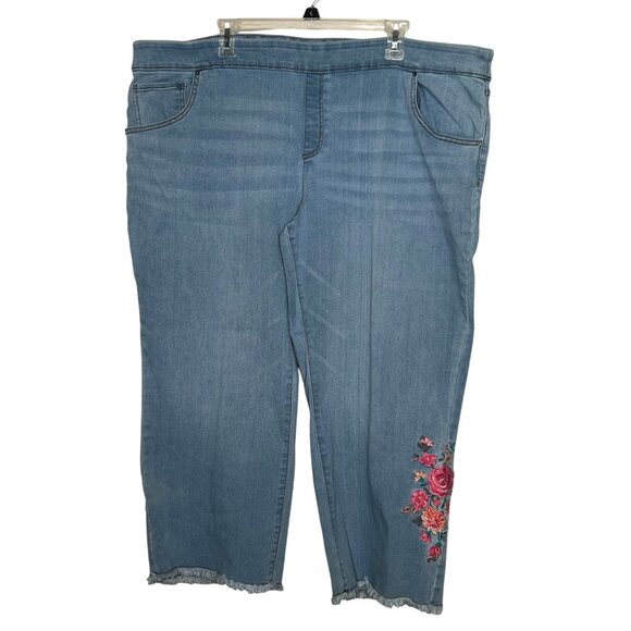 The Pioneer Woman Embroidered Floral Capri Wide-Leg Jeans 2X Frayed Hem Stretch - Picture 1 of 9